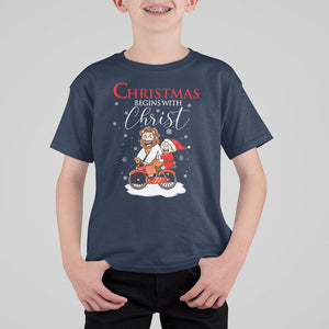 Christmas Begins With Christ Jesus Santa Riding Bicycle T Shirt For Kid TS09 Navy Printyourwear