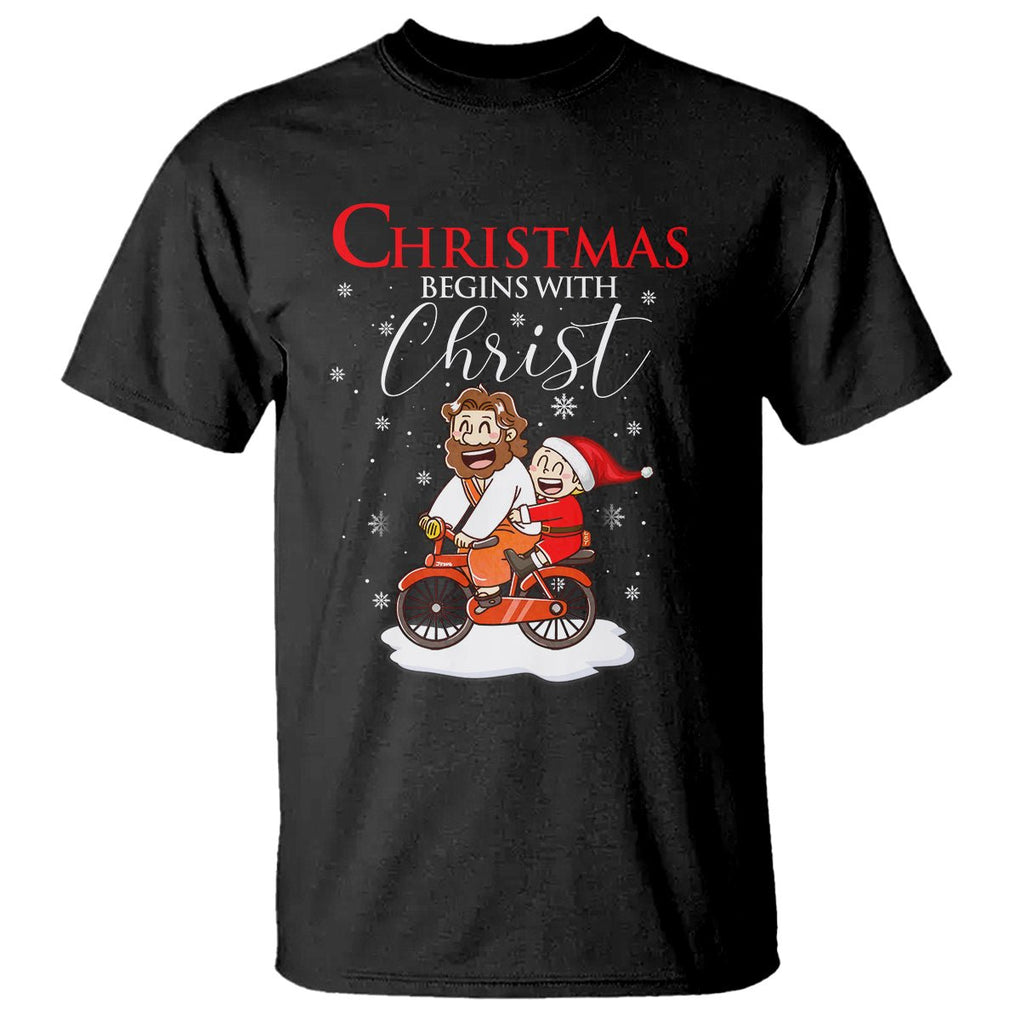 Christmas Begins With Christ Jesus Santa Riding Bicycle T Shirt TS09 Black Printyourwear