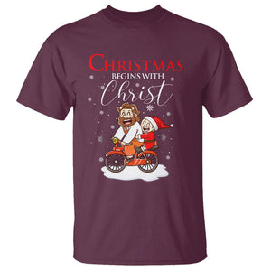 Christmas Begins With Christ Jesus Santa Riding Bicycle T Shirt TS09 Maroon Printyourwear