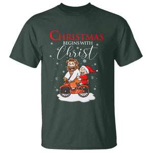 Christmas Begins With Christ Jesus Santa Riding Bicycle T Shirt TS09 Dark Forest Green Printyourwear