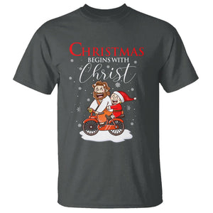 Christmas Begins With Christ Jesus Santa Riding Bicycle T Shirt TS09 Dark Heather Printyourwear