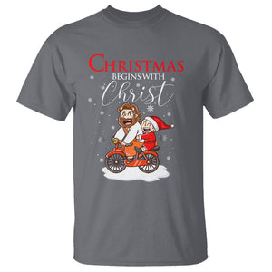 Christmas Begins With Christ Jesus Santa Riding Bicycle T Shirt TS09 Charcoal Printyourwear