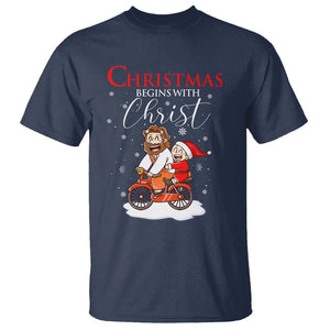 Christmas Begins With Christ Jesus Santa Riding Bicycle T Shirt TS09 Navy Printyourwear