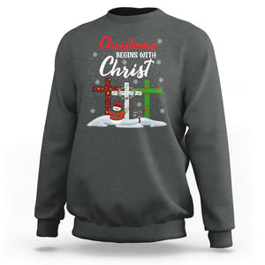 Christmas Begins With Christ Snowman Christian Cross Sweatshirt TS09 Dark Heather Printyourwear