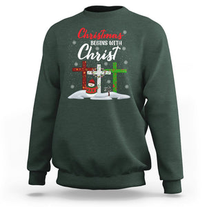 Christmas Begins With Christ Snowman Christian Cross Sweatshirt TS09 Dark Forest Green Printyourwear