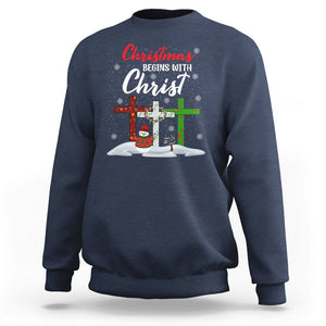 Christmas Begins With Christ Snowman Christian Cross Sweatshirt TS09 Navy Printyourwear