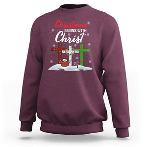 Christmas Begins With Christ Snowman Christian Cross Sweatshirt TS09 Maroon Printyourwear