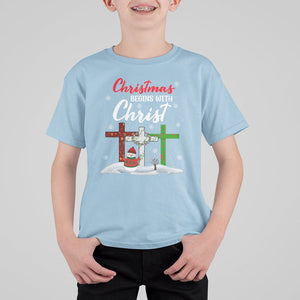 Christmas Begins With Christ Snowman Christian Cross T Shirt For Kid TS09 Light Blue Printyourwear