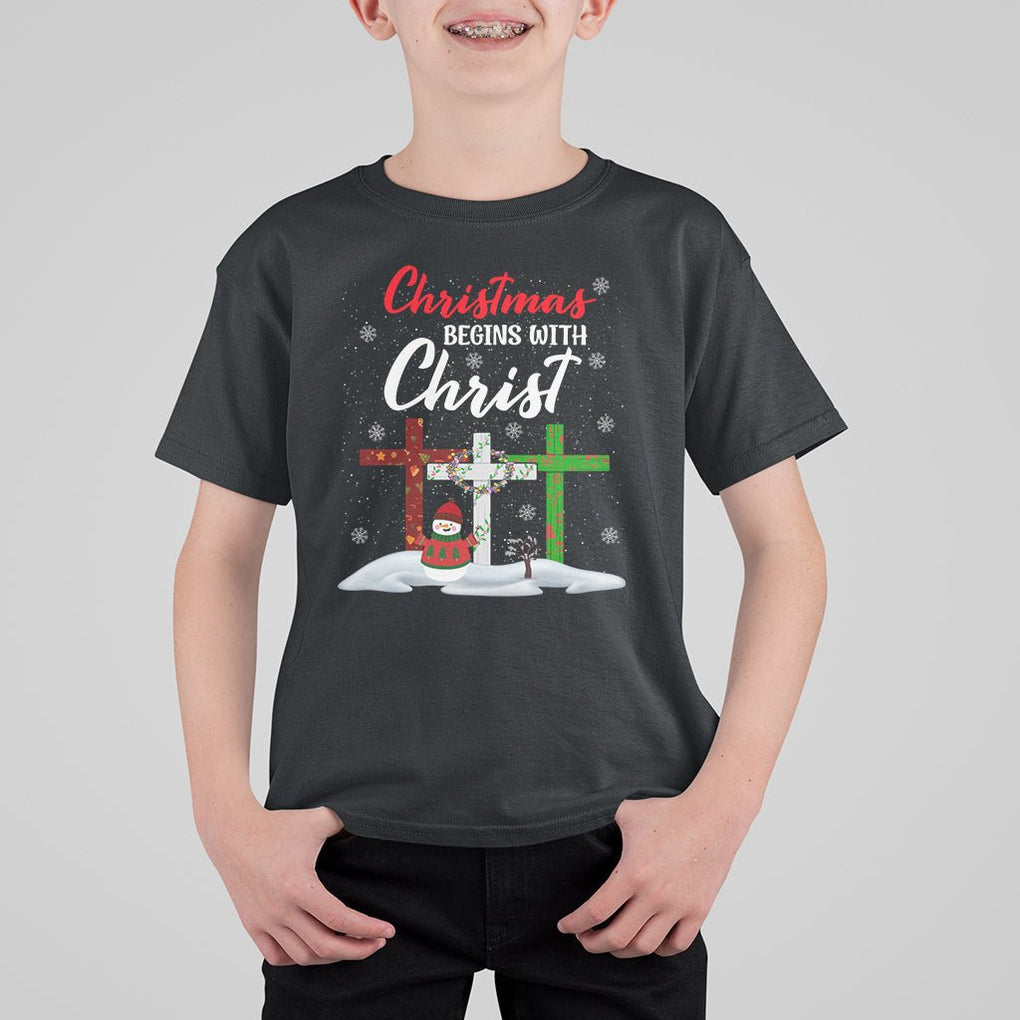 Christmas Begins With Christ Snowman Christian Cross T Shirt For Kid TS09 Black Printyourwear