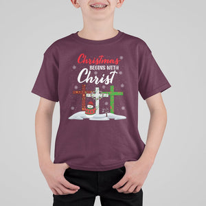 Christmas Begins With Christ Snowman Christian Cross T Shirt For Kid TS09 Maroon Printyourwear