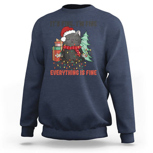 Christmas Black Cat Sweatshirt It's Fine I'm Fine Everything Is Fine Xmas Light Funny TS02 Navy Printyourwear