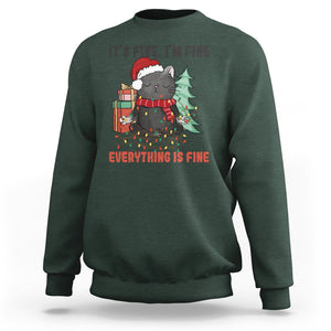 Christmas Black Cat Sweatshirt It's Fine I'm Fine Everything Is Fine Xmas Light Funny TS02 Dark Forest Green Printyourwear