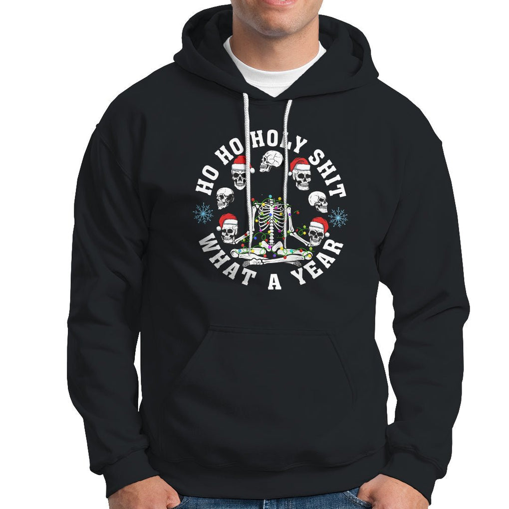 Christmas Hoodie Ho Ho Holy Shit What A Year Funny Skeleton Skull Xmas Hat TS09 Black Printyourwear