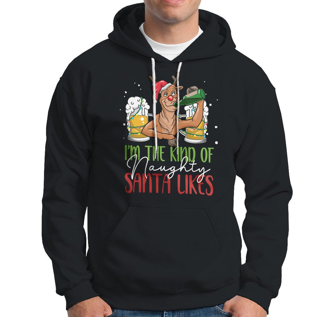 Christmas Hoodie Reindeer Beer Drinking I'm The Kind Of Naughty Santa Likes TS09 Black Printyourwear