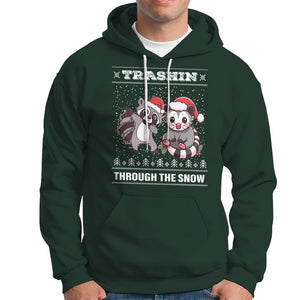 Christmas Hoodie Trashin Through The Snow Garbage Gang Opossum Raccoon Santa Hat TS09 Dark Forest Green Printyourwear