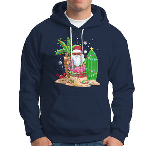 Christmas In Hawaii Hoodie Flamingo Float Xmas Palm Tree Surfboard Cute Santa At Beach TS09 Navy Printyourwear