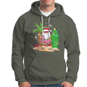 Christmas In Hawaii Hoodie Flamingo Float Xmas Palm Tree Surfboard Cute Santa At Beach TS09 Military Green Printyourwear