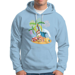 Christmas In Hawaii Hoodie Palm Tree Firework Santa At Beach Drinking Coconut TS09 Light Blue Printyourwear