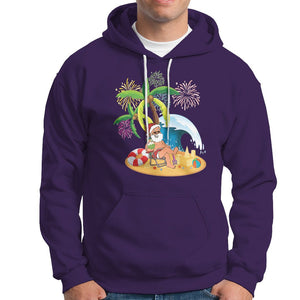 Christmas In Hawaii Hoodie Palm Tree Firework Santa At Beach Drinking Coconut TS09 Purple Printyourwear