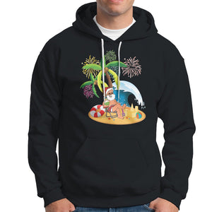 Christmas In Hawaii Hoodie Palm Tree Firework Santa At Beach Drinking Coconut TS09 Black Printyourwear