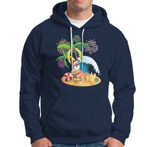 Christmas In Hawaii Hoodie Palm Tree Firework Santa At Beach Drinking Coconut TS09 Navy Printyourwear