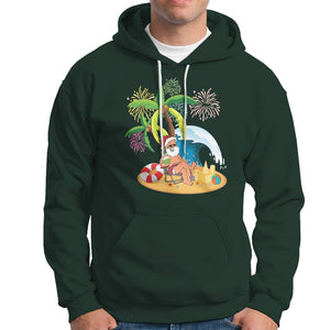 Christmas In Hawaii Hoodie Palm Tree Firework Santa At Beach Drinking Coconut TS09 Dark Forest Green Printyourwear