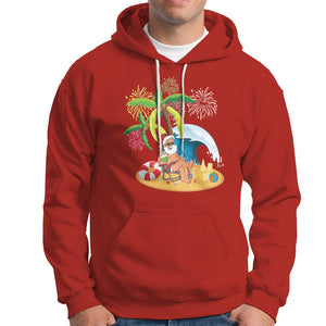 Christmas In Hawaii Hoodie Palm Tree Firework Santa At Beach Drinking Coconut TS09 Red Printyourwear