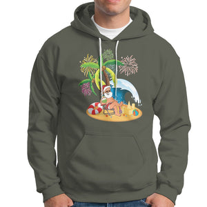 Christmas In Hawaii Hoodie Palm Tree Firework Santa At Beach Drinking Coconut TS09 Military Green Printyourwear