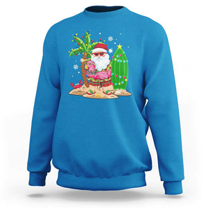 Christmas In Hawaii Sweatshirt Flamingo Float Xmas Palm Tree Surfboard Cute Santa At Beach TS09 Sapphire Printyourwear