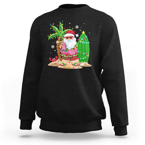 Christmas In Hawaii Sweatshirt Flamingo Float Xmas Palm Tree Surfboard Cute Santa At Beach TS09 Black Printyourwear