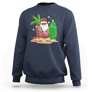 Christmas In Hawaii Sweatshirt Flamingo Float Xmas Palm Tree Surfboard Cute Santa At Beach TS09 Navy Printyourwear