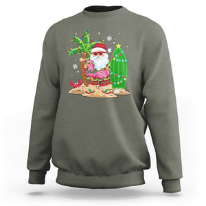 Christmas In Hawaii Sweatshirt Flamingo Float Xmas Palm Tree Surfboard Cute Santa At Beach TS09 Military Green Printyourwear