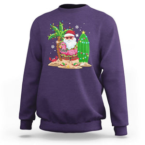 Christmas In Hawaii Sweatshirt Flamingo Float Xmas Palm Tree Surfboard Cute Santa At Beach TS09 Purple Printyourwear