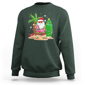 Christmas In Hawaii Sweatshirt Flamingo Float Xmas Palm Tree Surfboard Cute Santa At Beach TS09 Dark Forest Green Printyourwear