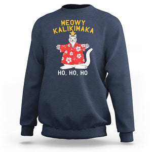 Christmas In Hawaii Sweatshirt Meowy Kalikimaka Hawaiian Cat Ho Ho Ho Xmas Tree TS09 Navy Printyourwear