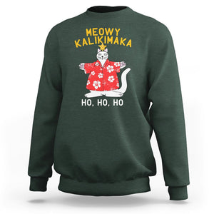 Christmas In Hawaii Sweatshirt Meowy Kalikimaka Hawaiian Cat Ho Ho Ho Xmas Tree TS09 Dark Forest Green Printyourwear