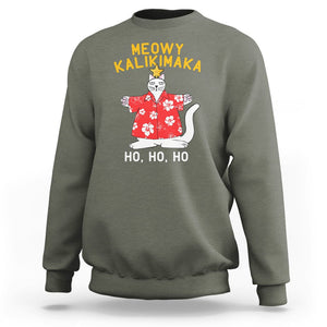 Christmas In Hawaii Sweatshirt Meowy Kalikimaka Hawaiian Cat Ho Ho Ho Xmas Tree TS09 Military Green Printyourwear