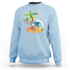 Christmas In Hawaii Sweatshirt Palm Tree Firework Santa At Beach Drinking Coconut TS09 Light Blue Printyourwear