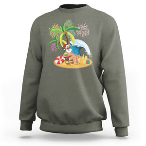 Christmas In Hawaii Sweatshirt Palm Tree Firework Santa At Beach Drinking Coconut TS09 Military Green Printyourwear