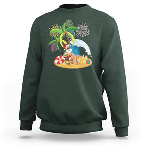 Christmas In Hawaii Sweatshirt Palm Tree Firework Santa At Beach Drinking Coconut TS09 Dark Forest Green Printyourwear