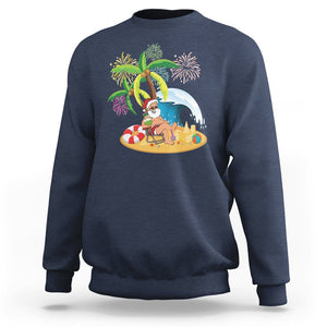 Christmas In Hawaii Sweatshirt Palm Tree Firework Santa At Beach Drinking Coconut TS09 Navy Printyourwear