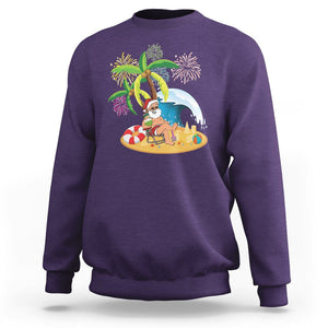 Christmas In Hawaii Sweatshirt Palm Tree Firework Santa At Beach Drinking Coconut TS09 Purple Printyourwear