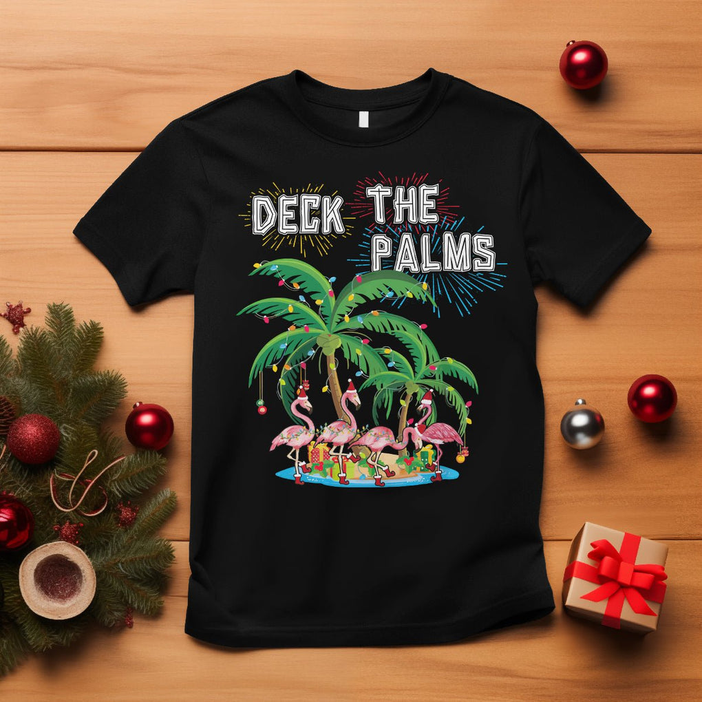 Christmas In Hawaii T Shirt Deck the Palms Firework Merry Christmas Flamingo TS09 Black Printyourwear