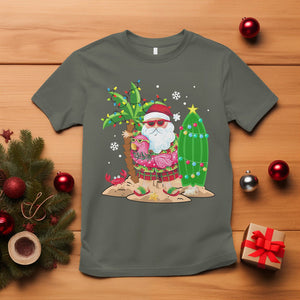 Christmas In Hawaii T Shirt Flamingo Float Xmas Palm Tree Surfboard Cute Santa At Beach TS09 Military Green Printyourwear