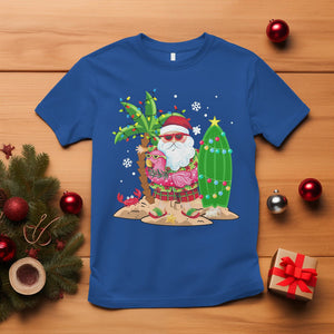 Christmas In Hawaii T Shirt Flamingo Float Xmas Palm Tree Surfboard Cute Santa At Beach TS09 Royal Blue Printyourwear