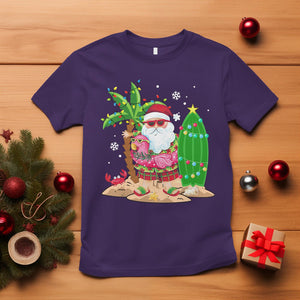 Christmas In Hawaii T Shirt Flamingo Float Xmas Palm Tree Surfboard Cute Santa At Beach TS09 Purple Printyourwear