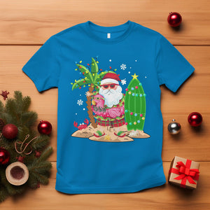 Christmas In Hawaii T Shirt Flamingo Float Xmas Palm Tree Surfboard Cute Santa At Beach TS09 Sapphire Printyourwear