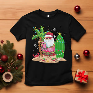 Christmas In Hawaii T Shirt Flamingo Float Xmas Palm Tree Surfboard Cute Santa At Beach TS09 Black Printyourwear