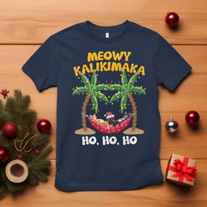 Christmas In July T Shirt Meowy Kalikimaka Cat Chillin' Ho Ho Ho Xmas Palm Tree TS09 Navy Printyourwear