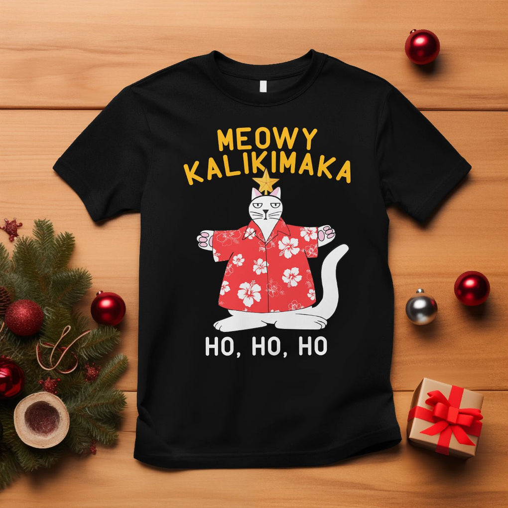 Christmas In July T Shirt Meowy Kalikimaka Hawaiian Cat Ho Ho Ho Xmas Tree TS09 Black Printyourwear